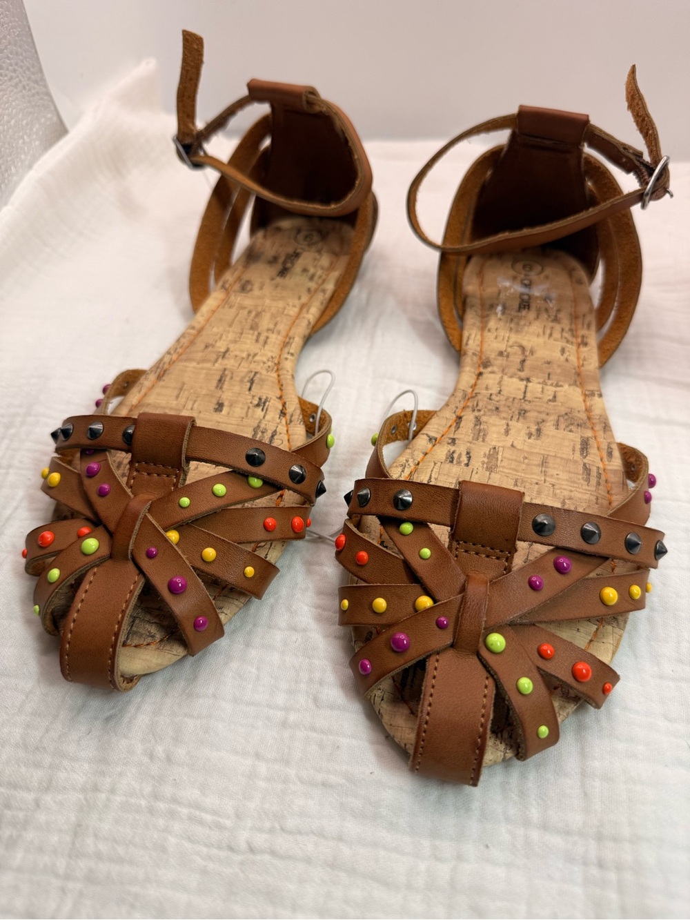 NEW Cherokee Women’s Brown Studded Ankle-Strap Sandals - Multicolor Stud Detail